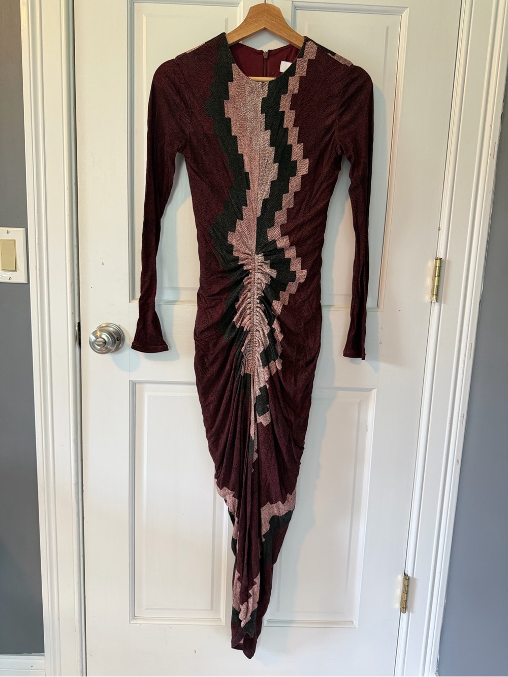 Reiss Burgundy Long-Sleeve Zigzag Ruched Dress